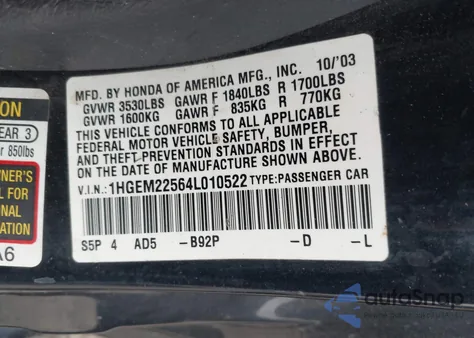 2004 Honda Civic Lx from USA, damaged, VIN 1HGEM22564L010522